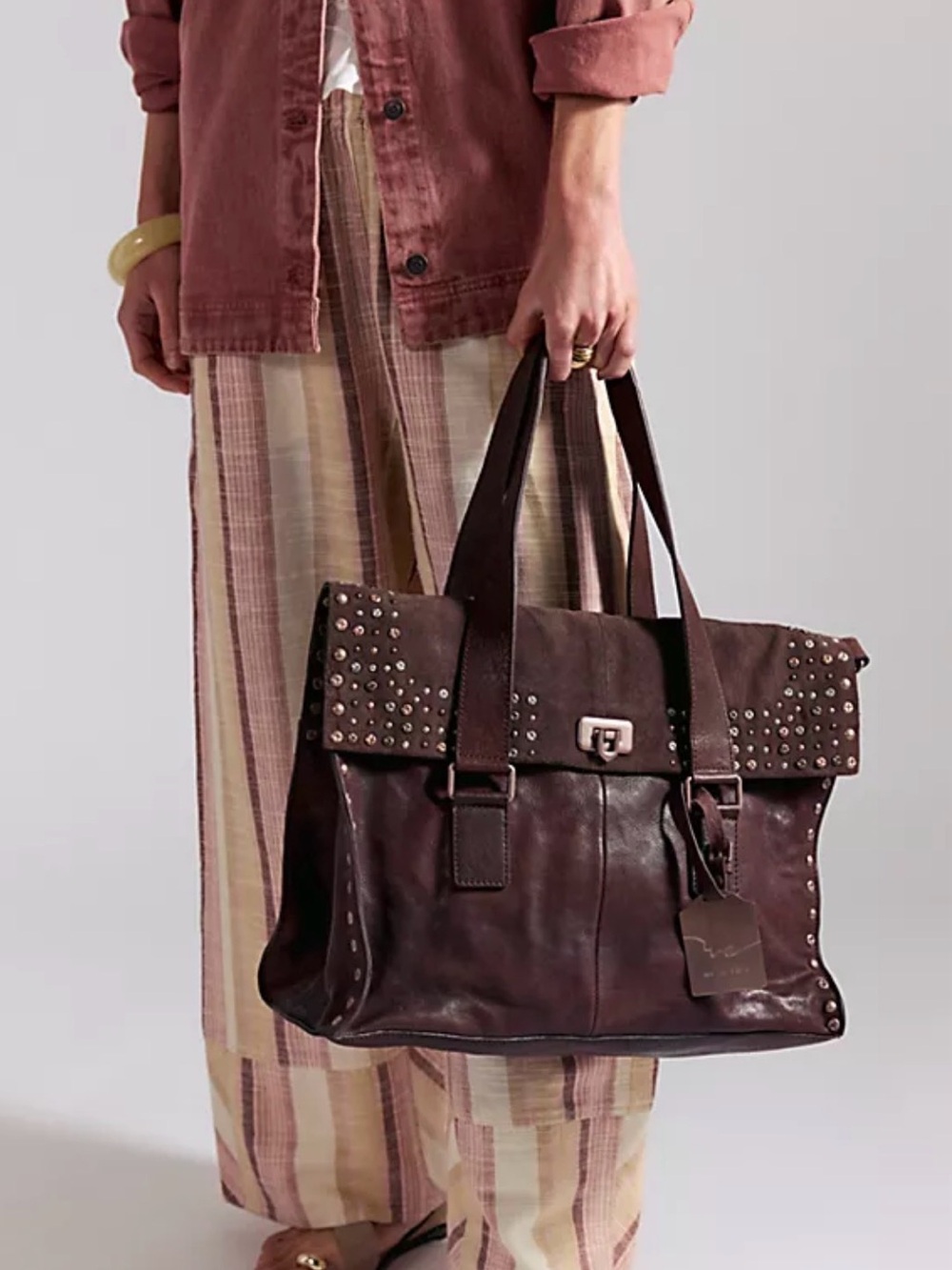 Free People We The Free Shay Stud Tote Leather Suede Espresso Brown NWOT $298 - Picture 10 of 16